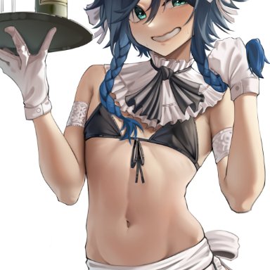 1boy, alcohol, androgynous, apron, bikini, bikini top, black bikini, blush, braid, drink, embarrassed, femboy, genshin impact, gloves, harris hero