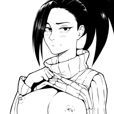 big breasts, biitii art, black hair, breasts, female only, flashing, flashing breasts, looking at viewer, momo yaoyorozu, monochrome, my hero academia, nipple piercing, nipples, presenting breasts, solo