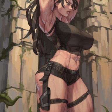 athletic, athletic female, big breasts, black hair, bondage, clothed, hands behind head, imminent rape, imminent sex, lara croft, long hair, looking down, muscular, muscular female, nature