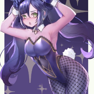 1girls, big breasts, black hair, blush, breasts, fishnets, genshin impact, green eyes, leotard, mona (genshin impact), pclle2, revealing clothes, stockings, thick thighs, thighs