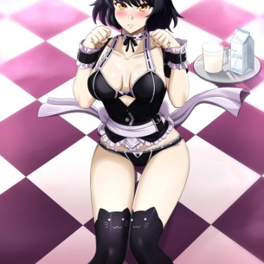 absurdres, animal ear legwear, animal ears, artist name, black hair, blake belladonna, blush, breasts, cat ear legwear, cat ears, cat girl, checkered, checkered floor, choker, cleavage