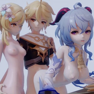 1boy, 2girls, 3d, aether (genshin impact), akt, ambiguous penetration, animated, areolae, bell, bent over, bent over table, big breasts, blonde hair, blue hair, bottomless