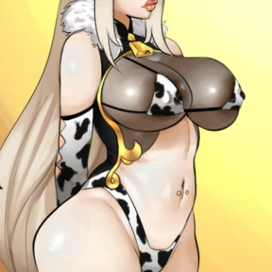 1girls, areola slip, armwear, big breasts, bikini, cow ears, cow horns, cow print, cow print armwear, cow print bikini, cow print stockings, cowbell, cowboy hat, digital drawing (artwork), digital media (artwork)