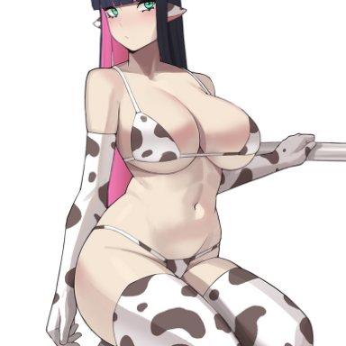 1girls, 2021, artist logo, bikini, black hair, breasts, cow ears, cow girl, cow print, cow print bikini, donburikazoku, female, female focus, female only, hips