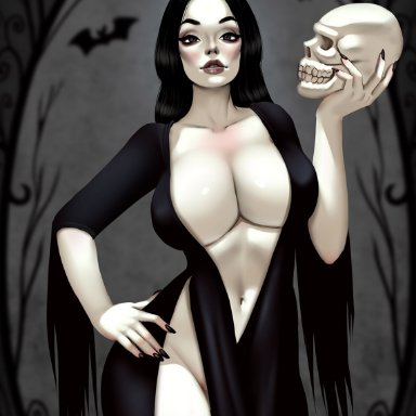 bare legs, big breasts, black eyes, black hair, breasts, busty, cleavage, deep cleavage, didi esmeralda, dress, female, female focus, female only, goth, hourglass figure