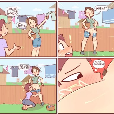 1boy, 1futa, 4koma, balls, big penis, blowjob, bottomless, bulge through clothing, clothed, clothing, comic, cum, cum in mouth, dialogue, duo