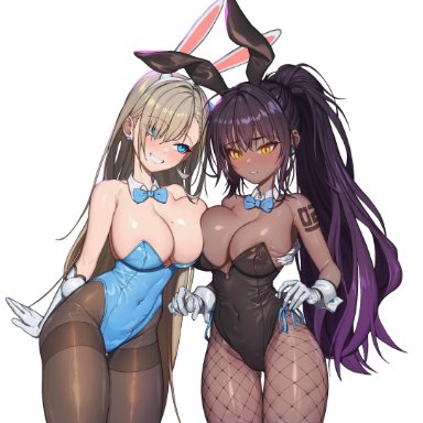 2girls, absurdres, areola slip, ass visible through thighs, asuna (blue archive), asymmetrical docking, bangs, bare shoulders, blue archive, blue eyes, blue neckwear, breast grab, breast press, breasts, brown hair