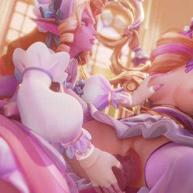 2girls, 3d, areolae, big breasts, blonde hair, breast grab, breasts, cafe cutie gwen, cafe cutie soraka, cafe cuties series, dildo, female, female only, functionally nude, gwen (league of legends)