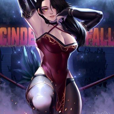 amber eyes, arm length gloves, arsonichawt, audience, black hair, cinder fall, curvaceous figure, curvy, hand behind back, pinup, ring ropes, rooster teeth, rwby, thick thighs, thighhighs