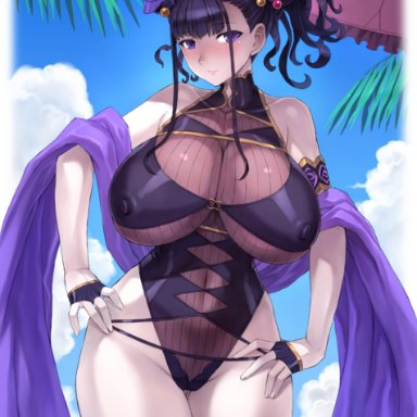 1female, 1females, 1girl, 1girls, areola bulge, armlet, bangs, bare shoulders, beach, belly button, black gloves, black swimsuit, blue sky, blue water, breasts