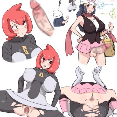 1futa, 1girls, ahoge, bangs, beanie, black legwear, boots, breasts, censored, creatures (company), cum, cum in pussy, cum inside, dawn (pokemon), dress