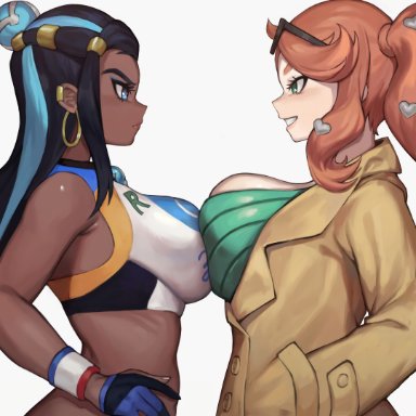 2girls, alternate breast size, angry, asymmetrical docking, big breasts, breast envy, breast frottage, breasts, chocolate and vanilla, cinko, cleavage, coat, competition, dark-skinned female, dark skin