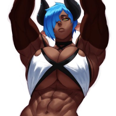 abs, blue hair, breasts, busty, cleavage, dark-skinned female, dark skin, female, horns, large breasts, looking at viewer, monster girl, muscles, muscular, muscular female