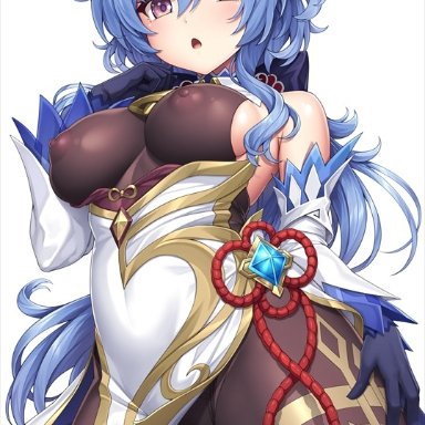 ahoge, bell, blue hair, bodystocking, bodysuit, breasts, brown bodysuit, cameltoe, colored tips, commentary request, covered nipples, cowbell, cowboy shot, detached sleeves, eyebrows visible through hair