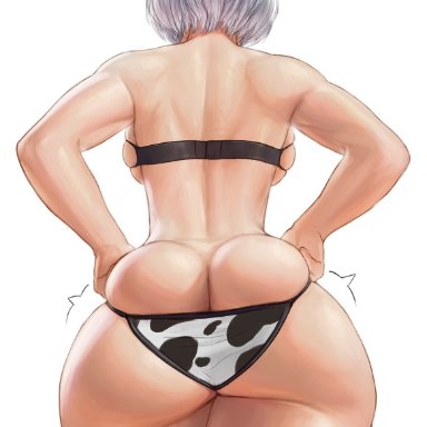 1girls, 2021, android, android girl, artist signature, ass, ass focus, backboob, big ass, bikini, breasts, cow print, cow print bikini, facing forward, female