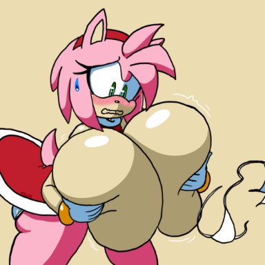 aged up, amy rose, anthro, big breasts, breast expansion, breast squeeze, breasts, embarrassed, erinaceinae, erinaceinae humanoid, female, female only, gigantic breasts, green eyes, hedgehog