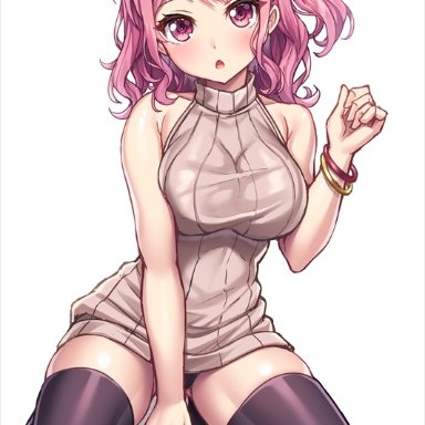 bang dream!, big breasts, bracelet, breasts, lambda (kusowarota), looking at viewer, maruyama aya, pink eyes, pink hair, sweater, tagme, thighhighs, thighs, white background