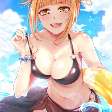 bangs, bare shoulders, beach, bikini, black bikini, black sarong, blonde hair, blush, bracelet, chromatic aberration, cleavage, double bun, fangs, gu li, himiko toga