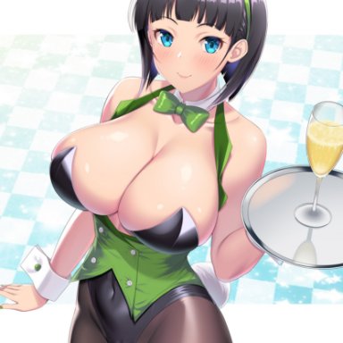 1girls, 2021, alcohol, black hair, blue eyes, blush, bowtie, breasts, bunny ears, bunny girl, bunnysuit, cleavage, detached collar, detached cuffs, drink