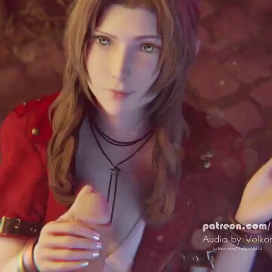 1boy, 1girls, 3d, aerith gainsborough, animated, big penis, biting lip, bracelet, brown hair, bulgingsenpai, cum, cum in mouth, cum on face, cumshot, cute