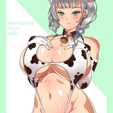 1girls, 2021, armwear, bell, belly, big breasts, blush, braid, breasts, covered nipples, covered pussy, cow ears, cow girl, cow horns, cow print