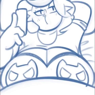 animated, anthro, anthro focus, bed, belly, bellyjob, big breasts, bone, bored, bouncing breasts, bra, breast play, breasts, catti (deltarune), cellphone