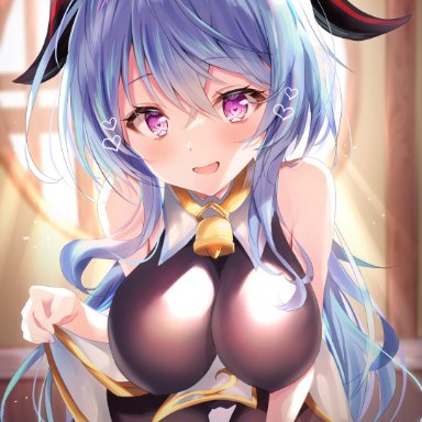 1girls, adeptus, big breasts, blue eyes, blush, breasts, cowbell, ganyu (genshin impact), genshin impact, horns, neno vi, purple hair, qilin, stockings, thighs