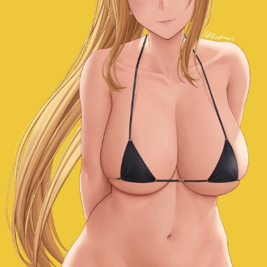 1girls, aqua eyes, archway of venus, arms behind back, bangs, bare shoulders, belly, belly button, big breasts, bikini, black bikini, black swimsuit, blonde hair, blue eyes, blunt bangs