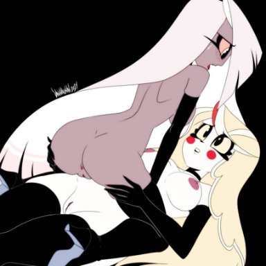 2demons, 2females, 2girls, anus, areolae, ass, barely clothed, big breasts, black gloves, black legwear, black thighhighs, blonde hair, busty, canon couple, caressing