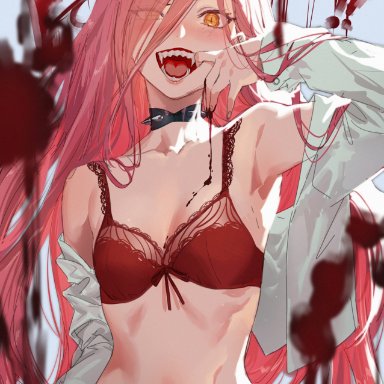 armpits, blood, bra, chainsaw man, fangs, horns, lingerie, looking at viewer, midriff, open mouth, panties, pink hair, power (chainsaw man), red bra, red panties
