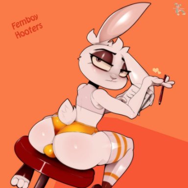 1boy, anthro, ass, ass focus, big ass, binder, bulge, bunny, bunny ears, bunny tail, collar, eyelashes, eyeshadow, femboy, femboy hooters