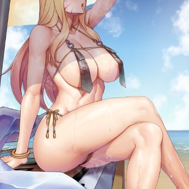 1girls, 2021, ahri, alternate version available, animal ears, areola slip, arm support, bare shoulders, beach, beach umbrella, blonde hair, blue eyes, breasts, cleavage, collarbone