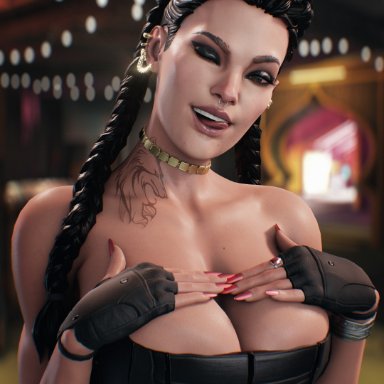 1girls, 3d, apex legends, blender, breasts, cleavage, female, female only, huge breasts, loba, looking at viewer, nyalicia, solo, tongue, tongue out