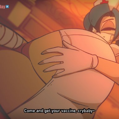 1girls, animated, animated, ass, ass, clothed, clothing, diives, english text, gloves, nurse, nurse uniform, skullgirls, text, valentine (skullgirls)