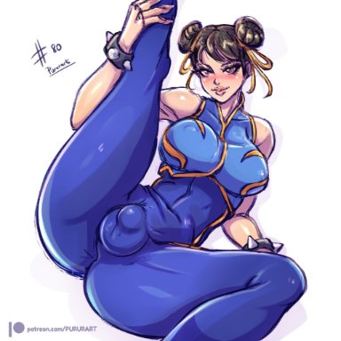 1futa, big breasts, breasts, bulge, chun-li, cleavage, clothed, clothing, fully clothed, futa only, futanari, human, large breasts, leg grab, leg lift