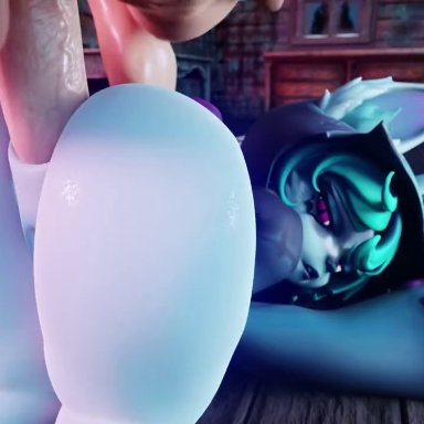 1boy, 1girls, 3d (artwork), anal, anal penetration, animated, ass, clothing, goth, green hair, human, interspecies, large penis, league of legends, loop