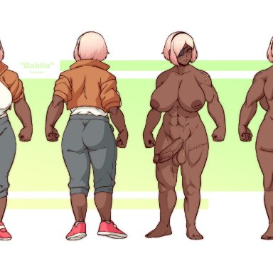 1futa, abs, areolae, balls, big breasts, big penis, breasts, character sheet, clothed, clothing, dahlia (sulcate), dark-skinned futanari, dark skin, erection, fully clothed
