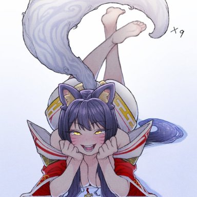 1girl, 1girls, ahri, ass visible from the front, big ass, big breasts, black hair, blush, cleavage, eyebrows visible through hair, eyes visible through hair, feet, feet up, female, female focus