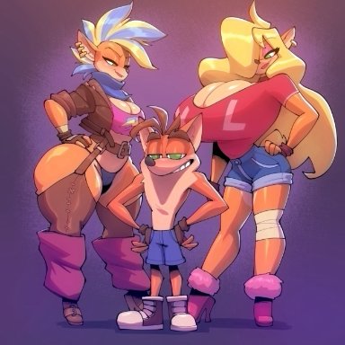 1boy, 2girls, 2girls1boy, anthro, big breasts, bigdad, black panties, blonde hair, breasts, crash (series), crash bandicoot, crash bandicoot (series), female, fur, furry