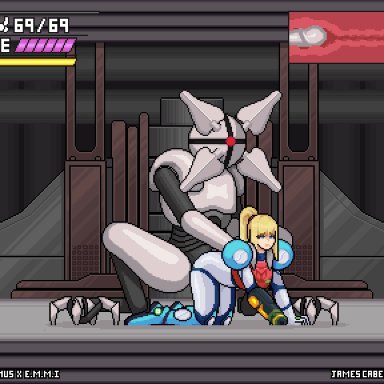 1girls, all fours, animated, blonde hair, blue eyes, bodysuit, doggy style, e.m.m.i, gameplay mechanics, james cabello, metroid, metroid dread, pixel art, ponytail, power suit
