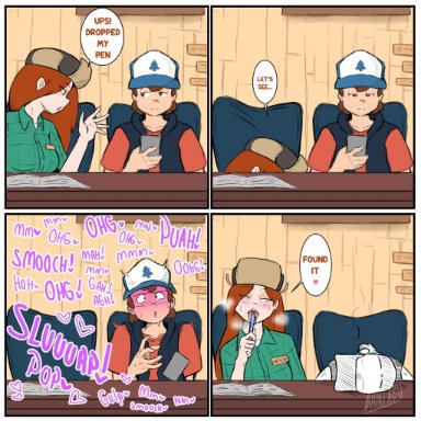 ahe gao, banjabu, blowjob, clothed female, clothed male, clothed sex, comic page, dipper pines, disney channel, english text, fellatio, gravity falls, hidden sex, implied fellatio, oral sex