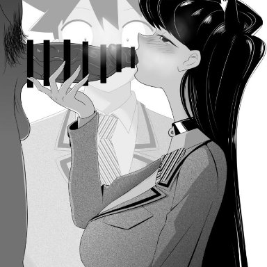 asian, black hair, cat ears, cheating, cuckold, dark-skinned male, dark skin, eye contact, kissing penis, kneeling, komi-san wa komyushou desu, komi shouko, netorare, ntr, oral