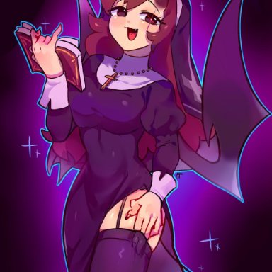 book, brown hair, clothed, clothed female, demon girl, demon horns, demon tail, female, friday night funkin, girlfriend (friday night funkin), happy, looking at viewer, nun, red eyes, thigh rub