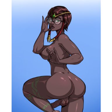 1futa, areolae, back, back view, backsack, balls, big ass, big breasts, big penis, breasts, dark skin, erection, futa only, futanari, glasses