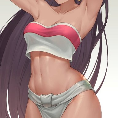 1girls, amber eyes, armpits, arms behind head, arms up, ass, belly, black hair, breasts, chel, cheshirrr, cleavage, clothed, clothing, color