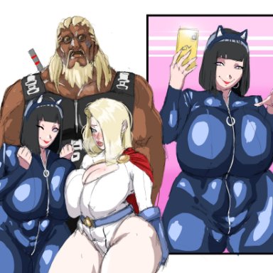 1boy, 2girls, big breasts, bodysuit, boruto: naruto next generations, breasts, cosplay, dark-skinned male, huge breasts, hyuuga hinata, ino yamanaka, killer bee, large breasts, milf, naruto