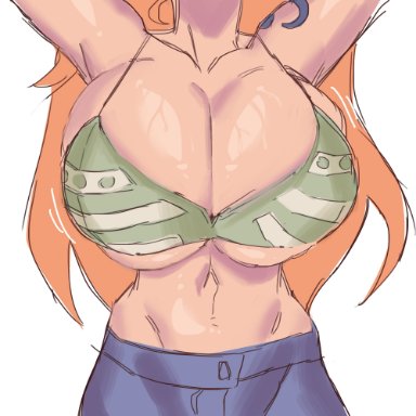 big breasts, bikini top, bra, breasts, cleavage, close-up, female, female only, head out of frame, huge boobs, huge breasts, jeans, large breasts, long hair, nami