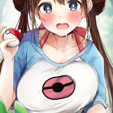 1girls, bangs, blurry, blush, breasts, brown hair, creatures (company), depth of field, double bun, embarrassed, game freak, highres, holding, holding poke ball, large breasts
