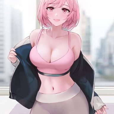 1girls, blush, breasts, chowbie, cleavage, collarbone, eyebrows visible through hair, female, female focus, indoors, jacket, large breasts, looking at viewer, midriff, navel