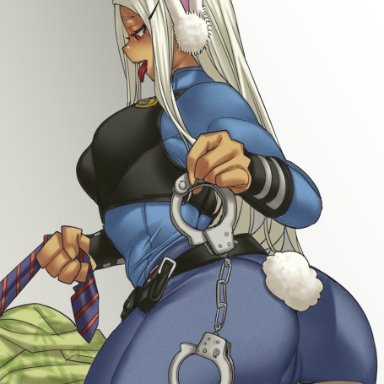 1boy, 1girls, ass, big ass, big butt, breasts, bunny ears, cameltoe, female, handcuffs, long hair, miruko, my hero academia, police, police uniform